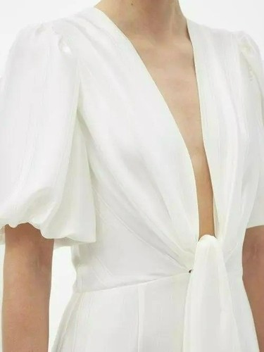 NWT Galvan London Eden Plunging Wide Leg White Satin Bridal Jumpsuit Puff Sleeve - Picture 3 of 21