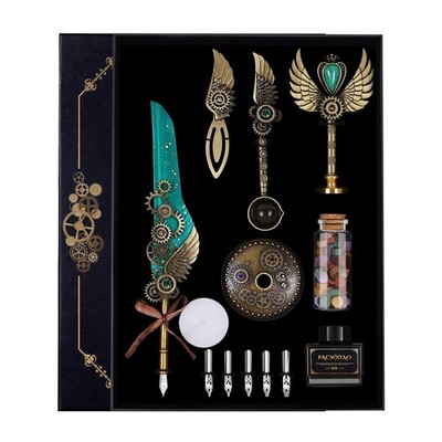 Quill Pen Set Green Feather Ink Bookmarks Seals Nibs Wax Bead Envelopes Box