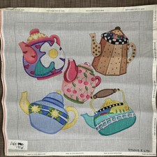 Handpainted Needlepoint Canvas Studio 2 Teapots Medley Read Description