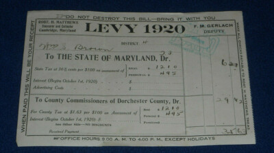 1920 Dorchester County Maryland Levy Tax Collection Bill Local Commissioners