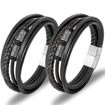 Herren Armband Schwarz Echtes Leder Edelstahl Magnetverschluss Männer Geschenk - Bild 1 von 4