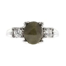 Vintage 1940s Rare Cabochon Chrysoberyl Cats Eye Diamond Fishtail Platinum Ring