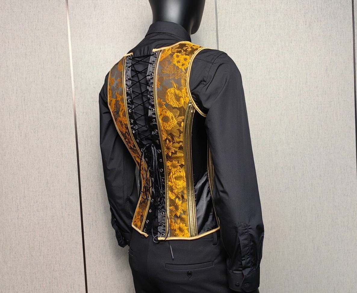 Men Corset Vest Gold Prints Vintage Waistcoat Lace Up Boned