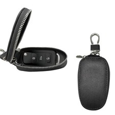 Leather Car Key Fob Case Key Holder with Metal Hook Zippered Bag Key Case Cover