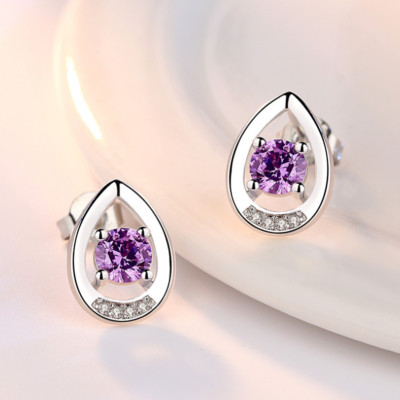 925 Sterling Silver Cubic Zirconia Amethyst Teardrop Stud Earrings gift box I26
