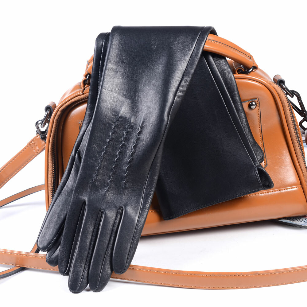 Guantes largos de noche de fiesta de noche de doble cara real de cuero sin forrar para mujer