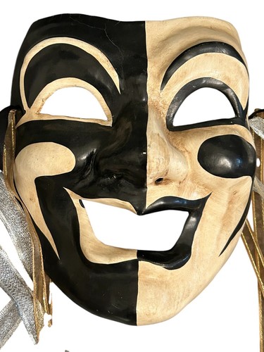 Classic Vtg Venetian Black and White Comedy Mask Hand Made Silver Gold Ribbons - Picture 3 of 8