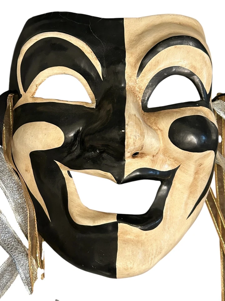 Classic Vtg Venetian Black and White Comedy Mask Hand Made Silver Gold Ribbons - Image 3 of 4