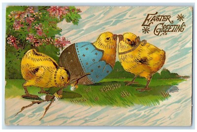 c1910's Easter Greeting Hatched Egg Baby Chicks Embossed Gel Gold Gilt Postcard