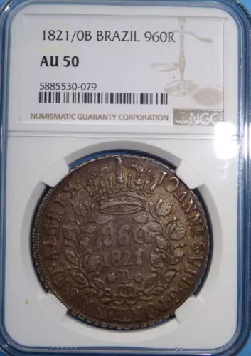 Brazil Silver M. 960 Reis 1821/0B NGC AU 50 HTF! Best Offer Wanted!
