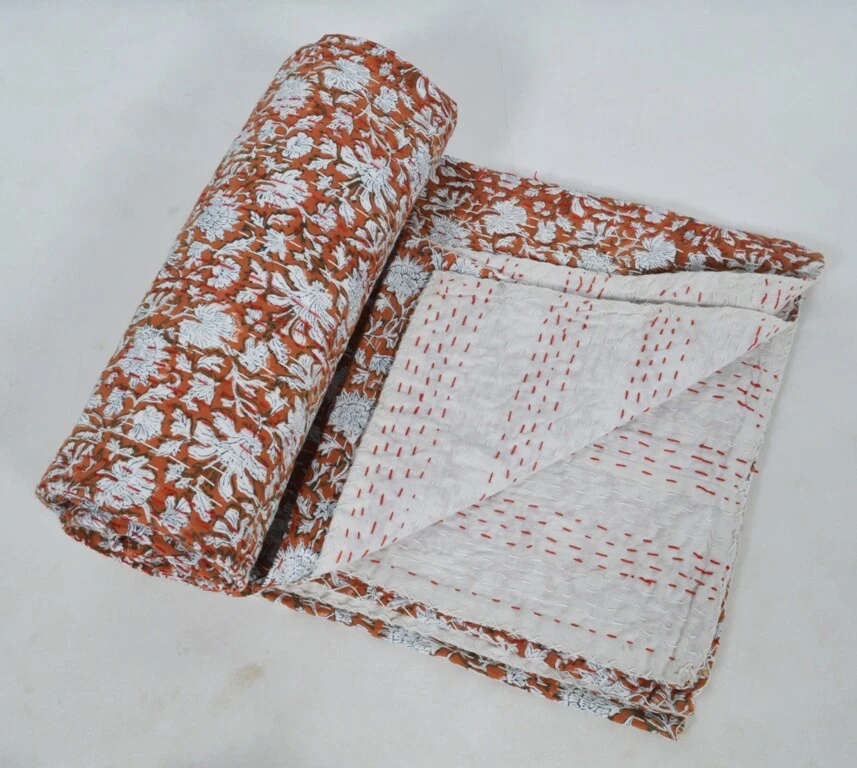 Hand Block Print Queen Cotton Kantha Quilt Blanket Bedspread Indian Gudari art - Image 2 of 4