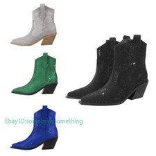 Women's Rhinestone Pointed Toe Chunky Heels Ankle Boots Chelsea Boots