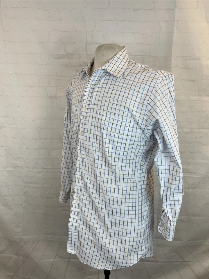 Paul Fredrick Men's White Blue & Brown Plaid Cotton Dress Shirt M $108 - Image 3 of 4