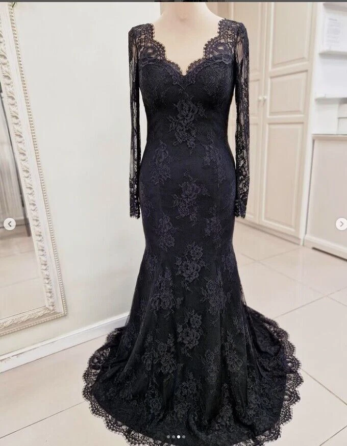 Black Gothic Wedding Dresses Long Sleeves Lace Backless Mermaid Bridal Gowns - Image 2 of 4