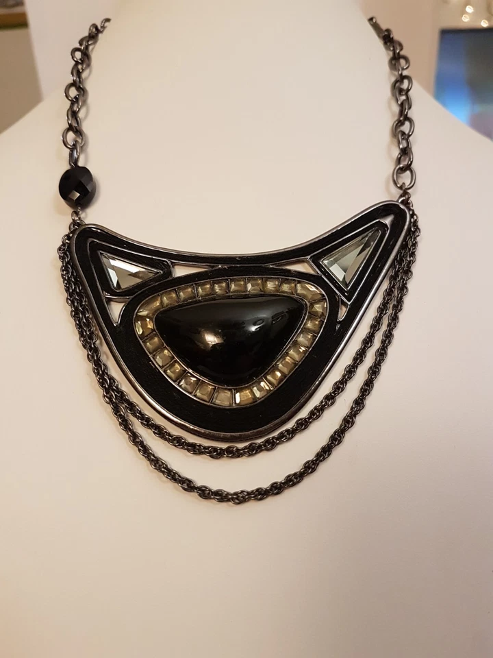 VINTAGE KENNETH COLE New York Onyx Obsidian Crystal Chunky Statement Necklace 