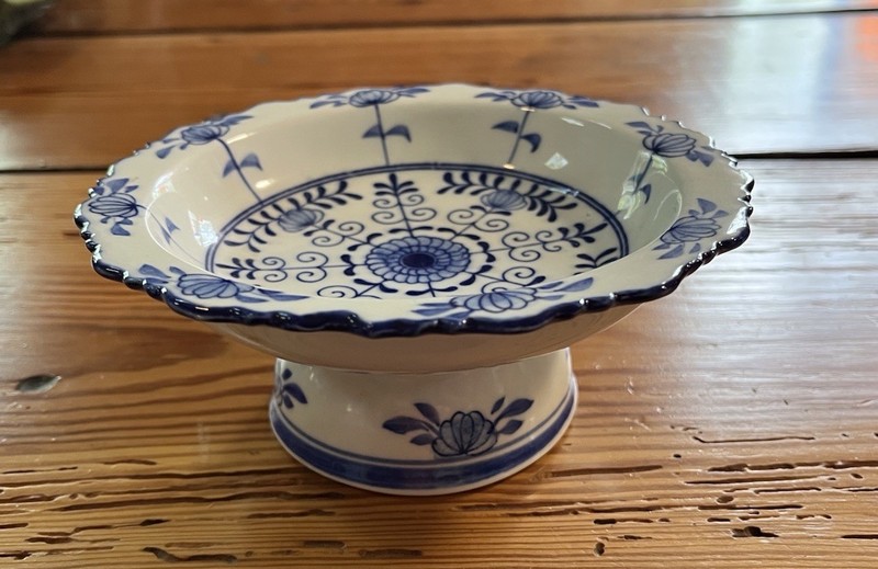 Vintage Chinese Blue & White Pedestal Bowl Andrea by Sadek