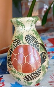 Cute Mini Nicaraguan Pottery Vase Hand Carved Turtle Folk Art
