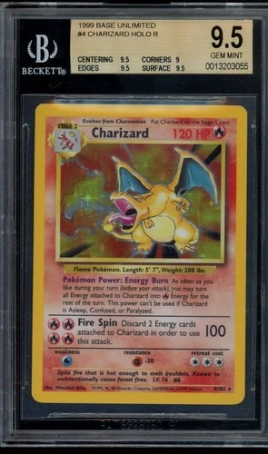 Pokemon Charizard Holo 1999 Base Set Unlimited #4 BGS 9.5 Gem Mint