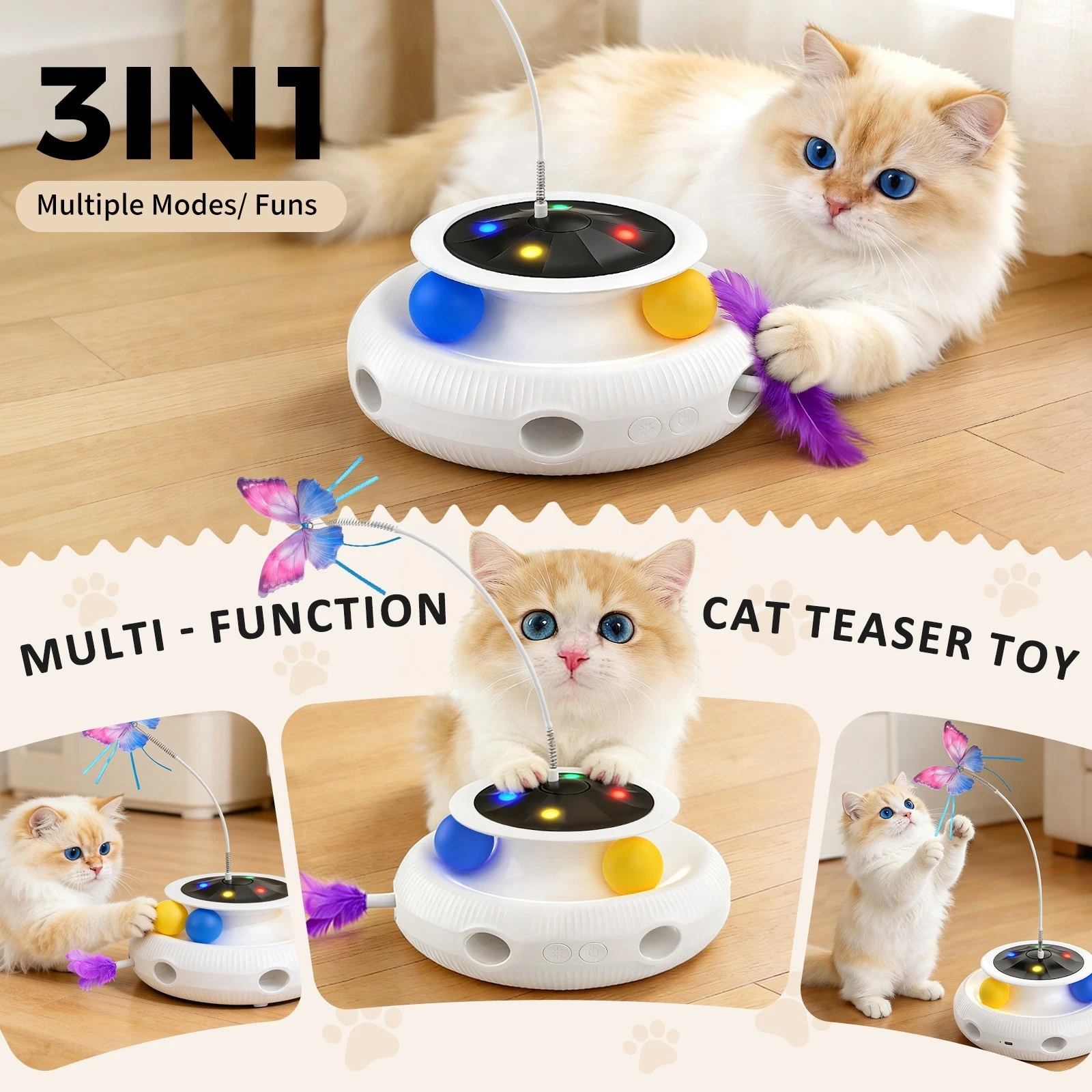 Cat Toy,3-in-1 Automatic Interactive Electronic Moving Ambush Feather,Track Ball