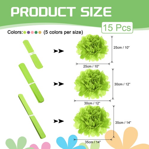 15Pcs Paper Pom Poms, 10, 12, 14 Inch Paper Flowers for Wedding Multicolor - Picture 2 of 6