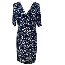Lauren Ralph Lauen Floral Empire Ruched Dress 14 Blue Knee Length Stretch Office