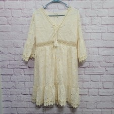 NEW OBEEII Cream Eyelet Lace Mini Dress L Bell Sleeve Boho Cottagecore Coquette