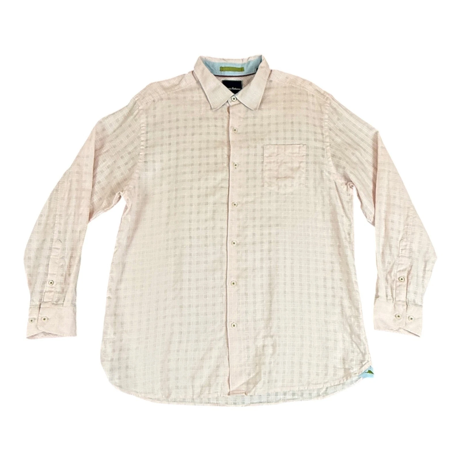 Tommy Bahama Shirt Mens L Pink Linen Cotton Grid Long Sleeve Coastal Marlin Top