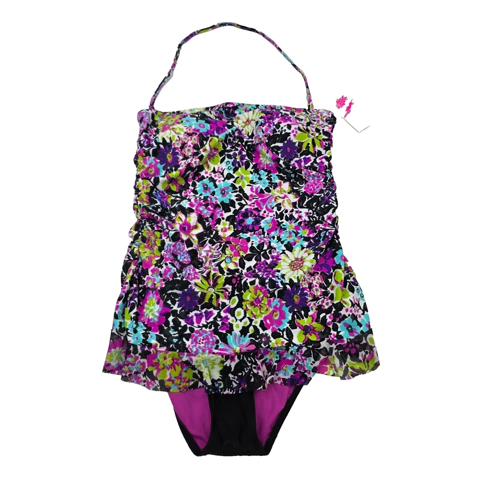 Vestido de banho floral uma peça com saia maiô rosa roxo verde tamanho M novo com etiquetas - Imagem 2 de 4