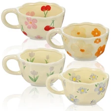 4 Styles Cute Ceramic Flower Coffee Mug Set 8.5 oz Vintage Aesthetic Porcelai...