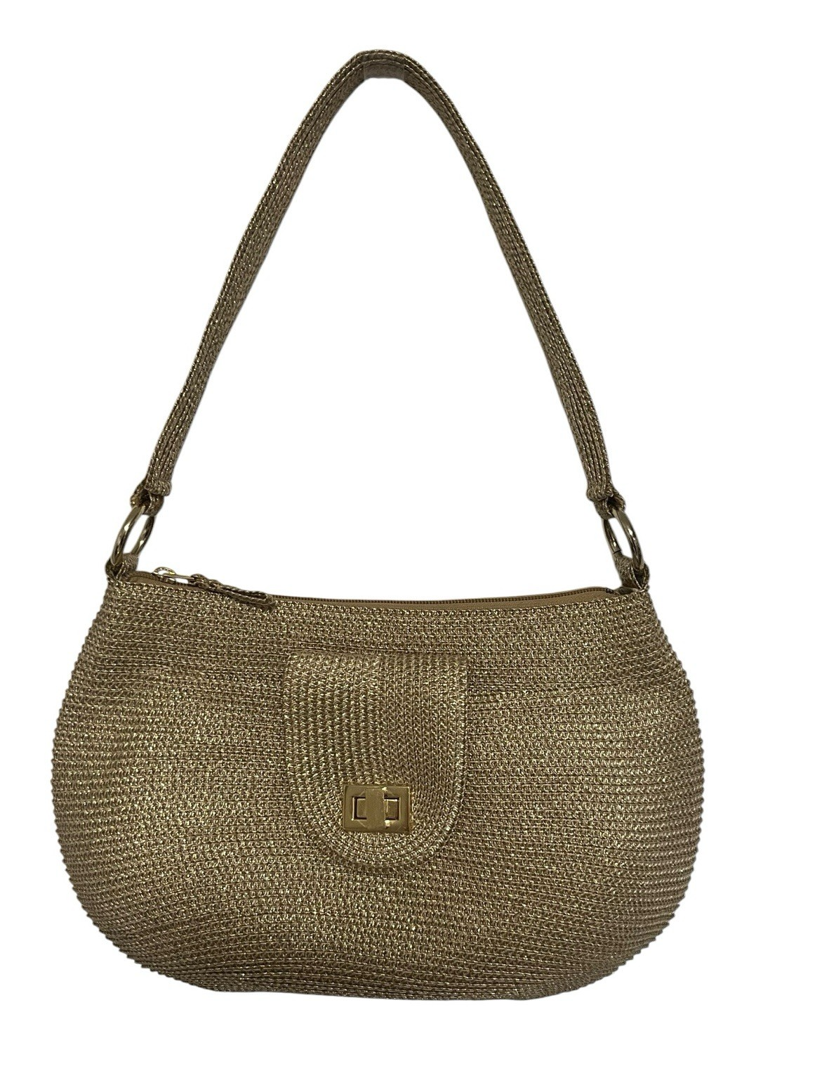 Talbots Small Shoulder Bag Gold Woven Straw Turn Lock Gold Hardware Boho