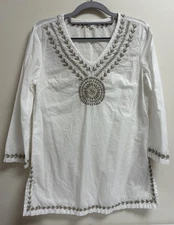 Pomegranate White Embroidered Cotton Tunic Top Size Small Boho India V-Neck