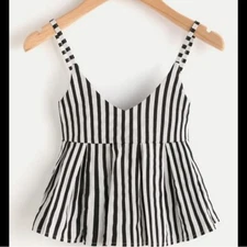 Black And  White Stripe Juniors Medium Peplum Style  Spaghetti Strap Blouse  