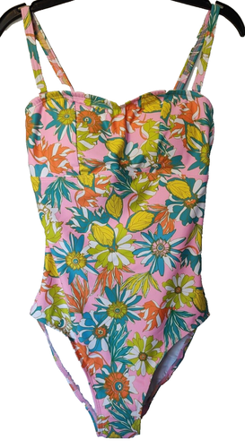 FIGLEAVES pink floral high leg one piece swimming costume swimsuit size 14 NEW
