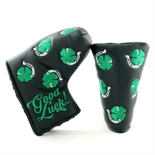 Clover & Horseshoe Black Midsize Mallet Putter Head Cover, 19th Hole Custom Shop