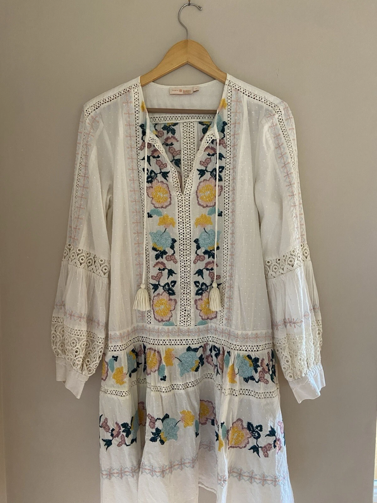 Tory Burch mini abito tunica hippie boho ricamato donna taglia large