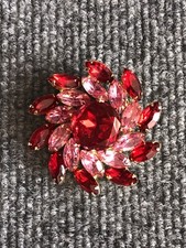 Vintage Red  Pink Rhinestone Gold Tone Brooch Pin
