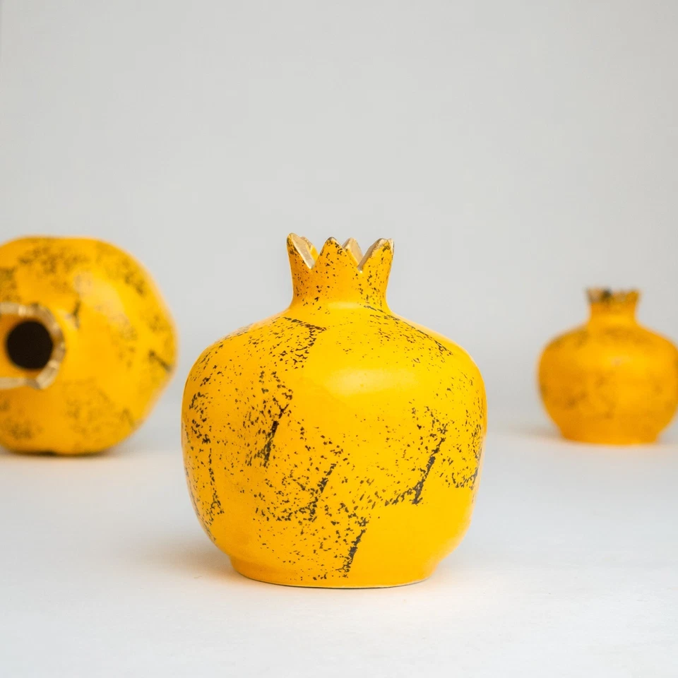Jarrón de cerámica hecho a mano, jarrón decorativo de granada, soporte para incienso, amarillo Foto 3 de 4