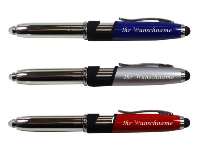 3x LED Touchpen Kugelschreiber Mit Gravur – Silber-schwarz, Rot, Blau, Mit Touchscreen-Stift & LED-Licht
