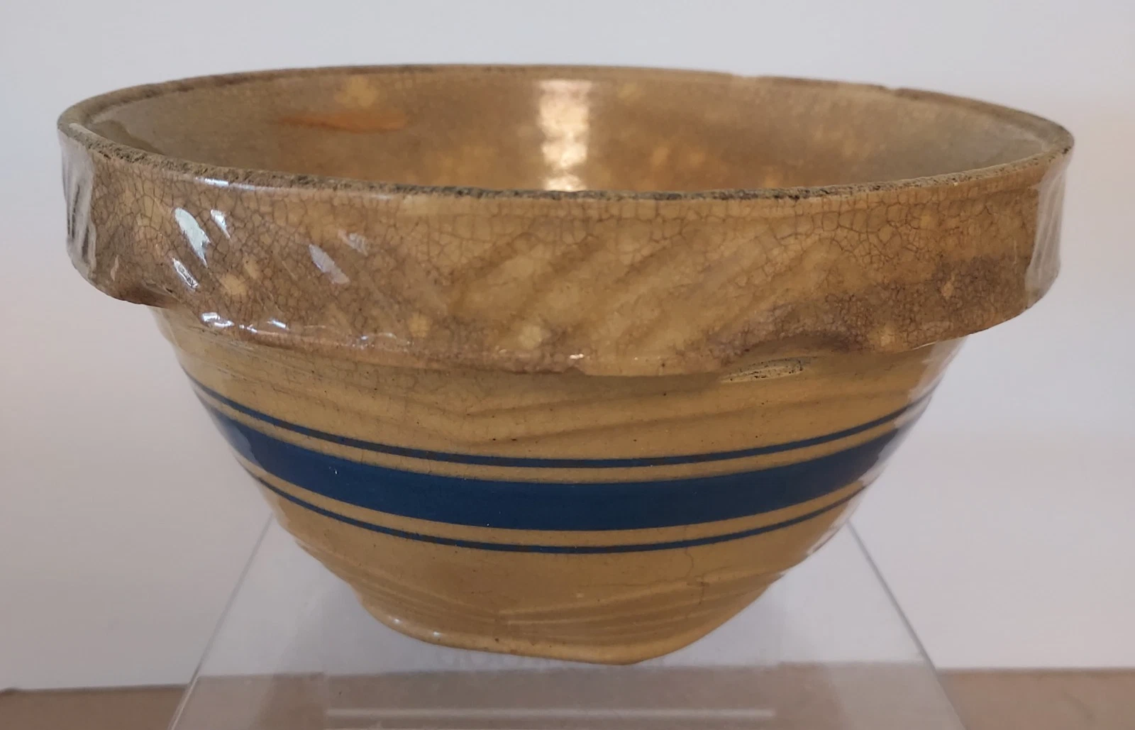 Pottery Mixing Bowl 104 Blue 3 Stripe 6 Sided Bottom Vintage 10” Farmhouse Aged