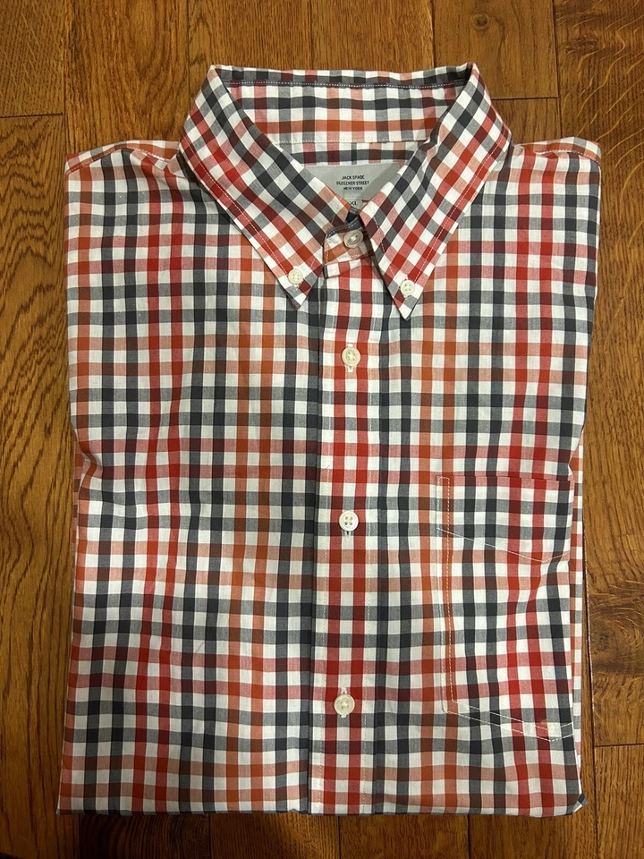 Мужская рубашка Jack Spade на пуговицах с длинным рукавом красная, белая и синяя клетчатая размер XL - Изображение 2 из 4