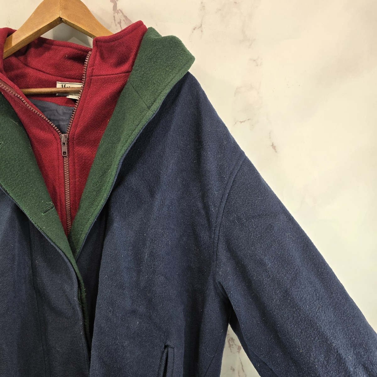 Vintage Coat Women 18W 2X 90s Wool Hooded Colorblock Navy Green 
