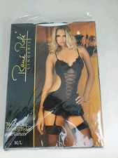 René Rofé LINGERIE Mesh Up Lace Teddy With Garders Black Sizr Medium To Large