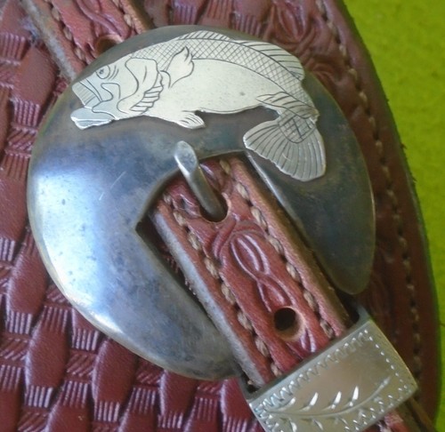 Men's UNUSED Maker Marked PJK Silver BASS FISH Buckle WIDE Tooled SPUR STRAPS - Picture 3 of 11