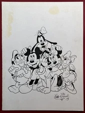 Walt Disney Drawing on old paper (Handmade) signed and stamped artwork