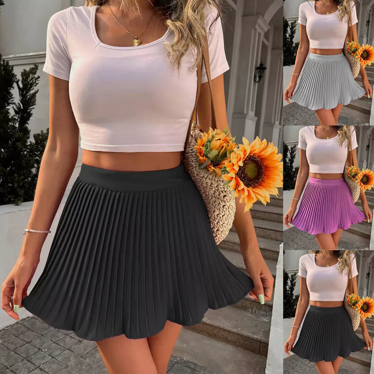 Women Lady Basic Mid Waist Mini Flared Pleated Skater Short Skirt