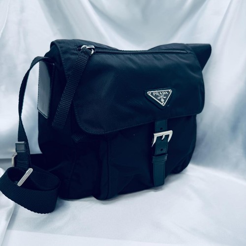 PRADA Tessuto Nylon Small Crossbody Bag Leather Trim Black Authentic