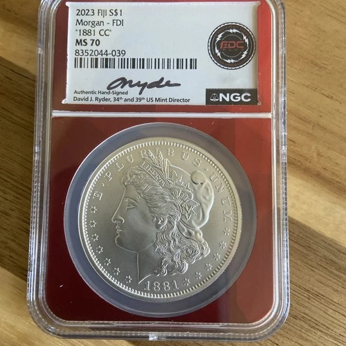 2023 Fiji S$1 1885-CC Morgan Dollar NGC MS70 - David Ryder Signed - 99.9% Silver