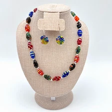 Murano Style Millefiori Glass Bead Necklace Earrings Set Multicolor Jewelry Boho