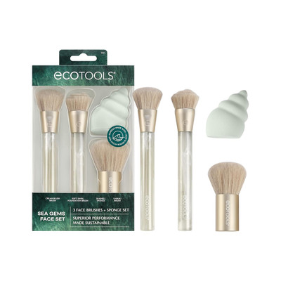 Ecotools Sea Gems Face Makeup Brush & Sponge 4 Piece Set, Eco-Friendly Makeup Br