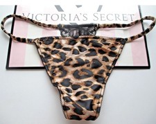 VICTORIA'S SECRET LEOPARD CHEETAH SATIN BLACK LACE V STRING THONG PANTY NWT XL